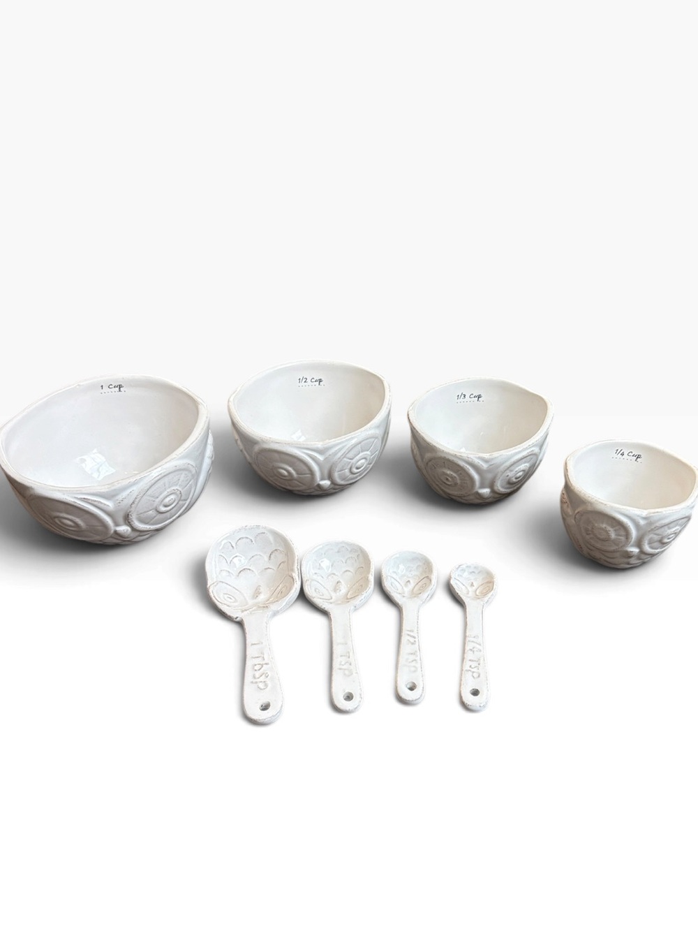 Sur La Table Owl Nesting Measuring Bowls and Spoon Set Ceramic White
